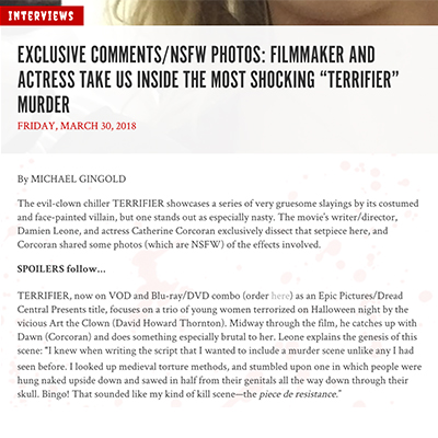 EXCLUSIVE COMMENTS/NSFW PHOTOS: FILMMAKER AND ACTRESS TAKE US INSIDE THE MOST SHOCKING “TERRIFIER” MURDER